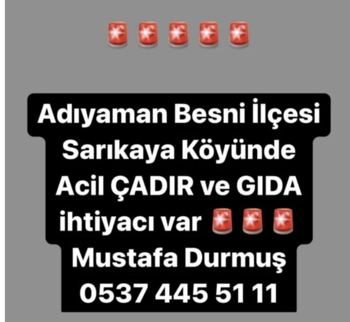 TwitPasa's tweet photo. Adıyaman Besni İlçesi
Sarıkaya Köyü Acil Çadır İhtiyacı
🚨🚨🚨🚨🚨
@AFADTurkiye 
@AFADBaskanlik 
@ahbap 
@BabalaTv 
@OguzhanUgur 
@kizilayadiyaman 
@afadadiyaman 
@AdiyamanBelTR https://t.co/MJECGQDsTG