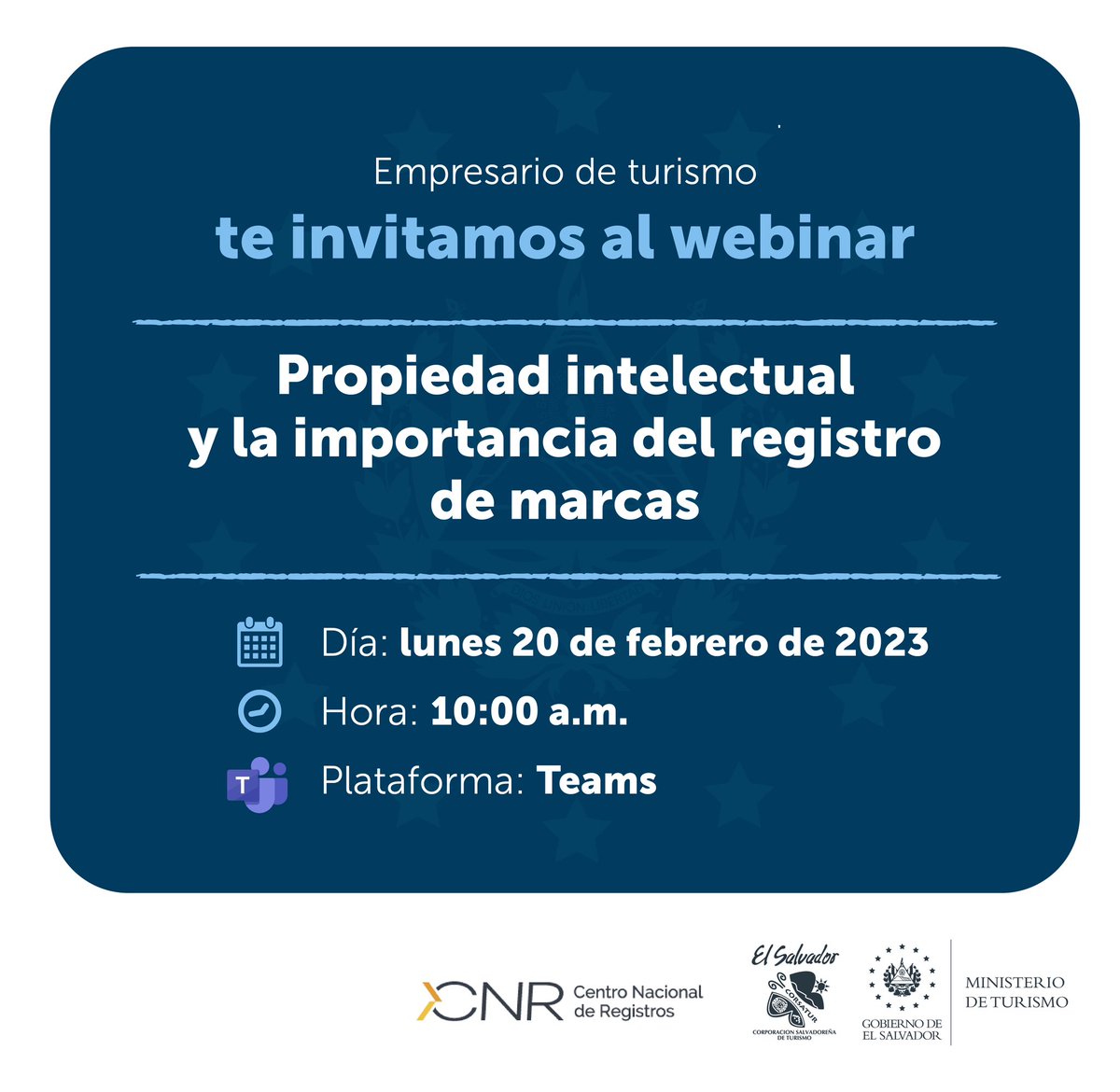 MITURElSalvador's tweet image. Si no has registrado tu marca y no conoces sobre propiedad intelectual y sus beneficios, este webinar es para ti.

📆 Lunes 20 febrero 2023
🕜 10:00 a.m.
🔗 Inscripción: bit.ly/3xyRFcF