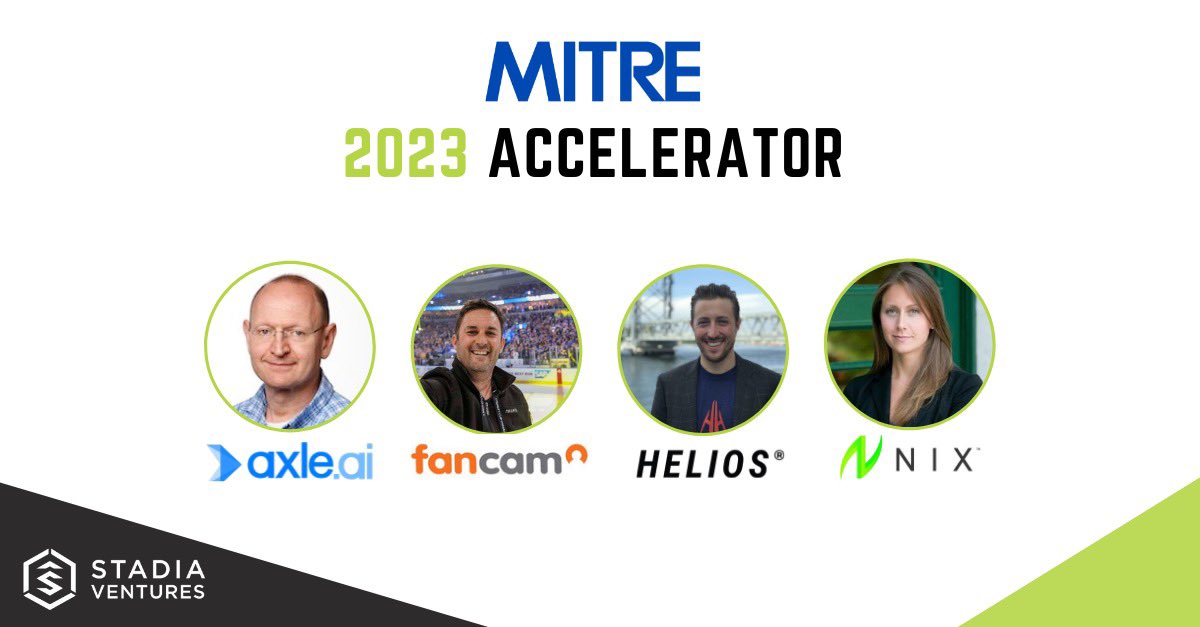We are thrilled to announce the 3rd cohort of the Stadia/<a href="/MITREcorp/">MITRE</a> Accelerator!

Congratulations to:
🔹 <a href="/Fan_Cam/">Fancam</a>
🔹 <a href="/NixBiosensors/">Nix Biosensors</a>
🔹 <a href="/axledit/">Axle AI</a>
🔹 <a href="/helios_hockey/">HELIOS Hockey</a>

We can’t wait to kick off the 2023 Accelerator!

Read more: stadiaventures.com/stadia-venture…