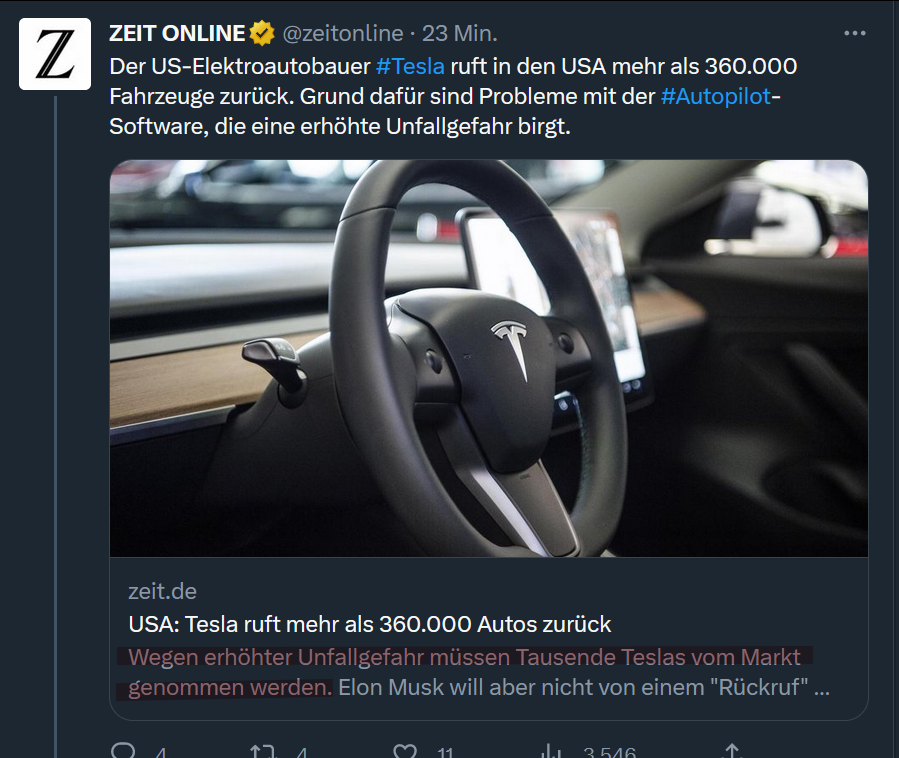 markusdd5's tweet photo. Falsch, Falsch und nochmal Falsch.

1) Es geht um FSD Beta, nicht Autopilot. Völlig anderes System.
2) Es ist kein Rückruf, es wird nichts 'zurückgerufen'. Die NHTSA will ein paar Software-Anpassungen.
3) Es wird NICHTS vom Markt genommen.

Get your f*ing facts straight. https://t.co/5WZs8dU02X