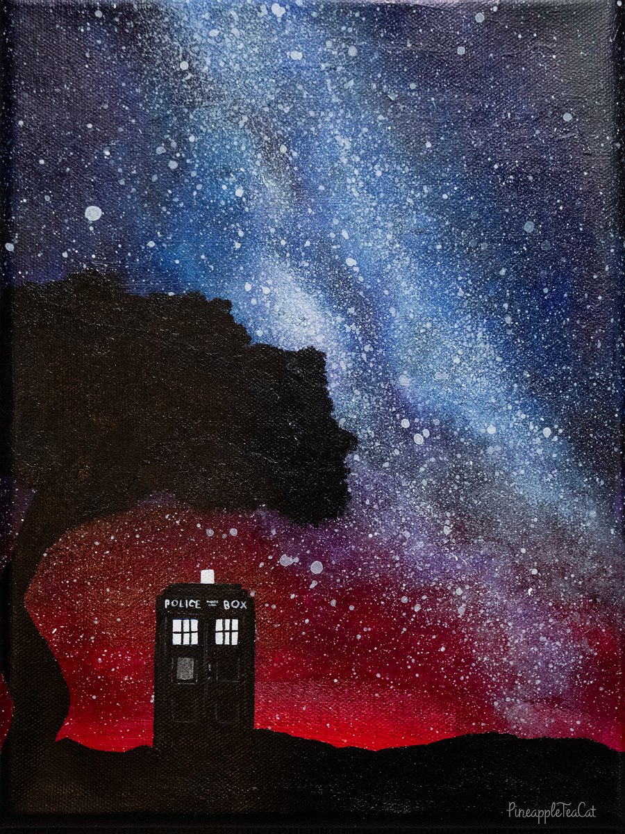 PineappleTeaCat's tweet photo. TARDIS and Milky Way 
Another painting for the Gallifrey One Art Show.
#art #doctorwho #tardis #milkyway #nightsky #starrynight #silhouette #fanart #acrylic #artist #painting https://t.co/xGXV94zpqs
