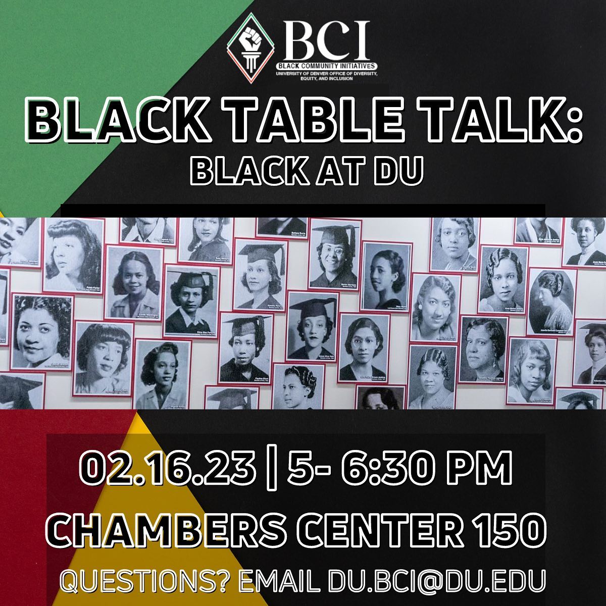 RESCHEDULED - Black Table Talk (BTT) has been canceled for this evening - 2/16/2023. A new date for BTT: Black @ DU is to be determined. Be on the lookout for a new date!