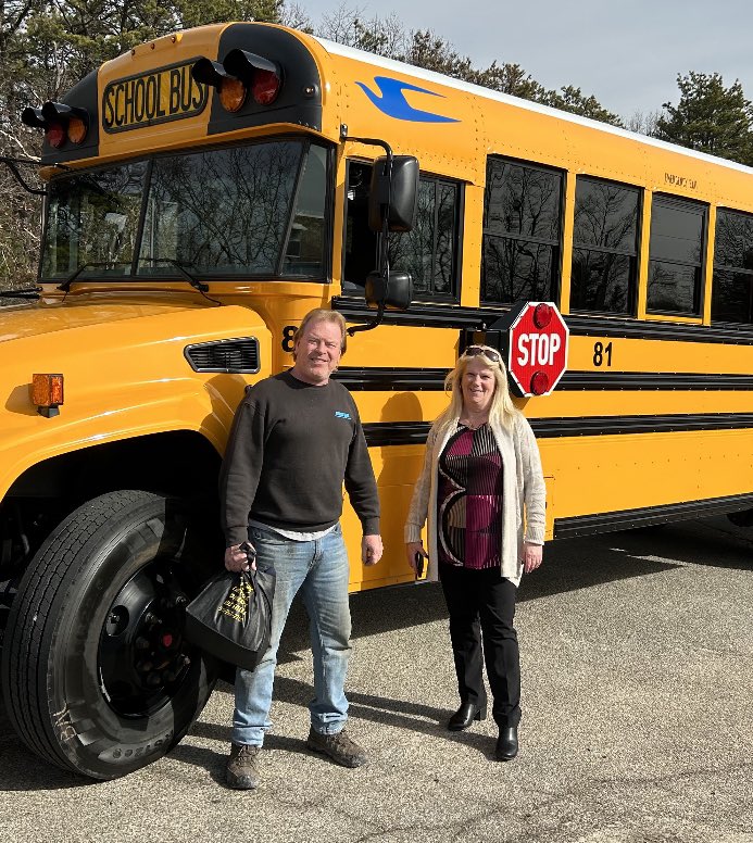 BirdBusSales's tweet photo. Transportation Director, Carol Sicignano of Patchogue-Medford is smiling after the delivery and initial inspection of the district’s first Gasoline Blue Bird Vision school bus. Safety and savings will be derived from this purchase. #safety #thursdaymorning #birdbus https://t.co/GpgV2c8WcU