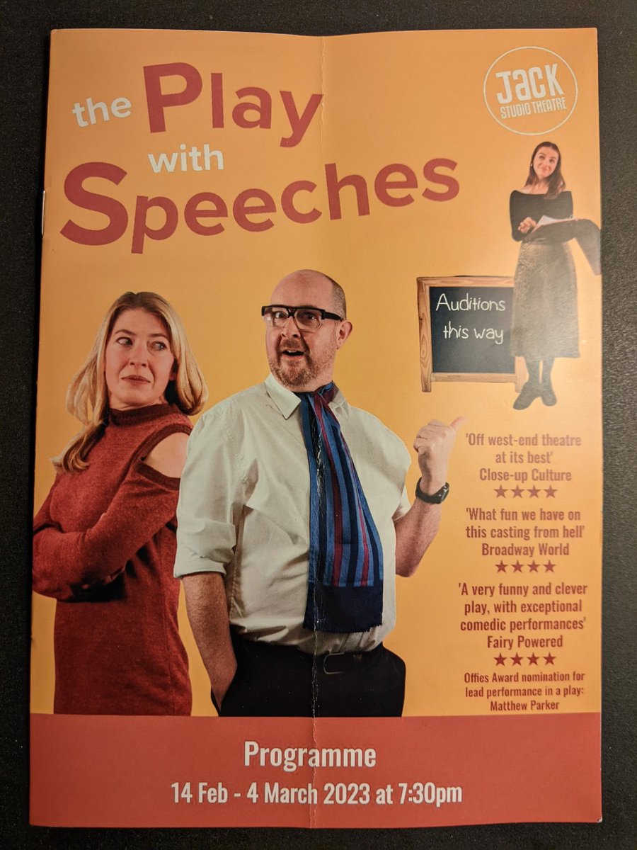barcles2's tweet photo. Very entertaining evening watching @MatthewParker75 flex his comedic muscle in #PlayWithSpeeches at @BrocJackTheatre. Katherine Reilly proving the perfect foil. The nightmare of auditions turned into comic gold by @WoolfJames &amp; @OliveAndStavros makes for a fun night out. https://t.co/IvVgBGfRXe