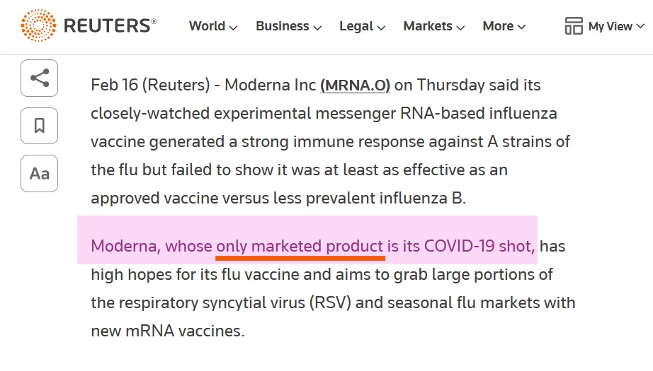 Moderna's ONLY MARKETED PRODUCT is it's Covid-19 vaccine (see attached image below) ... Moderna is essentially a 1-trick pony ... and the new vaccine report just broke the pony's leg ... $MRNA #Moderna .....