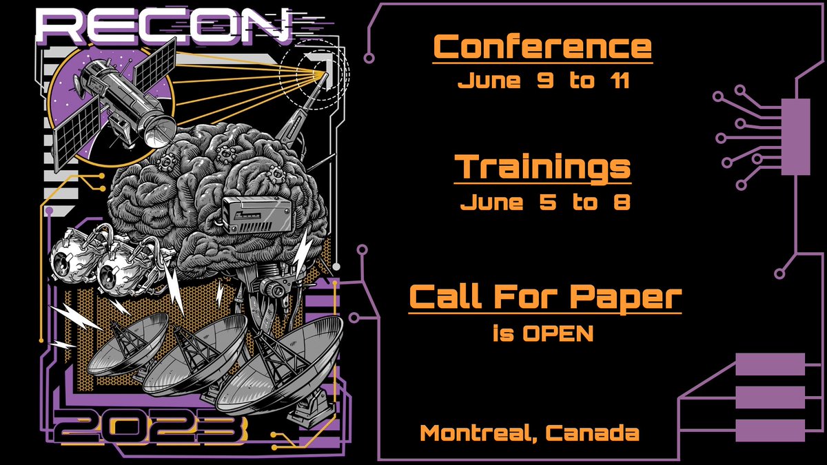 Recon 2023 is coming soon! <a href="/yarden_shafir/">Yarden Shafir</a> <a href="/MalachiJonesPhD/">Malachi Jones, PhD</a> <a href="/mr_phrazer/">Tim Blazytko</a> <a href="/reivilo_t/">Olivier THOMAS</a> <a href="/nicolasbrulez/">Nicolas Brulez</a> <a href="/Calaquendi44/">Sophia d’Antoine</a> <a href="/psifertex/">Jordan Wiens</a> <a href="/i0n1c/">Stefan Esser</a> <a href="/Pat_Ventuzelo/">Patrick Ventuzelo</a> <a href="/mclars/">ar://mclars</a> <a href="/realytcracker/">ytcracker.sol/.eth 🎤💻🔬🗝🏴‍☠️🤙</a> <a href="/dualcoremusic/">Dual Core</a> <a href="/Wordburglar/">Wordburglar</a> <a href="/lextheconartist/">LEX the Lexicon Artist</a> <a href="/MegaRan/">Mega Ran</a>  recon.cx/2023/conferenc…