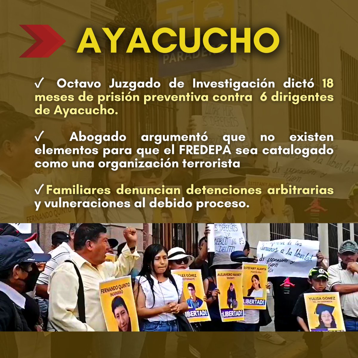 RedMuqui's tweet photo. ⛓️🇵🇪 En Febrero se dictaron por lo menos 10 medidas de "prisión preventiva" para manifestantes y dirigentes de la macro sur que ejercían su derecho a la protesta. La defensa legal argumenta que en muchos casos no existen pruebas contundentes, tan solo el testimonio policial. https://t.co/w9cGIgXk7c