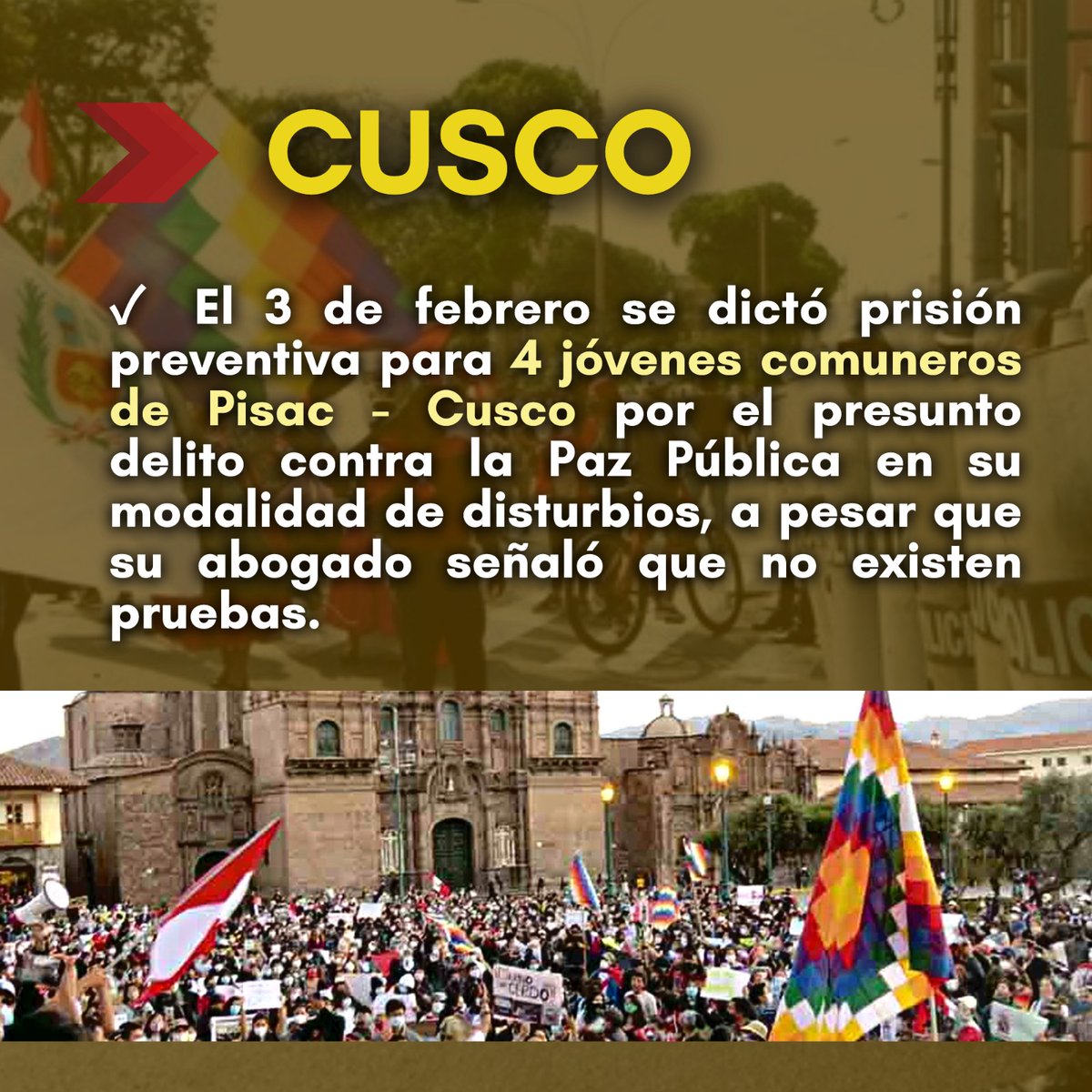 RedMuqui's tweet photo. ⛓️🇵🇪 En Febrero se dictaron por lo menos 10 medidas de "prisión preventiva" para manifestantes y dirigentes de la macro sur que ejercían su derecho a la protesta. La defensa legal argumenta que en muchos casos no existen pruebas contundentes, tan solo el testimonio policial. https://t.co/w9cGIgXk7c