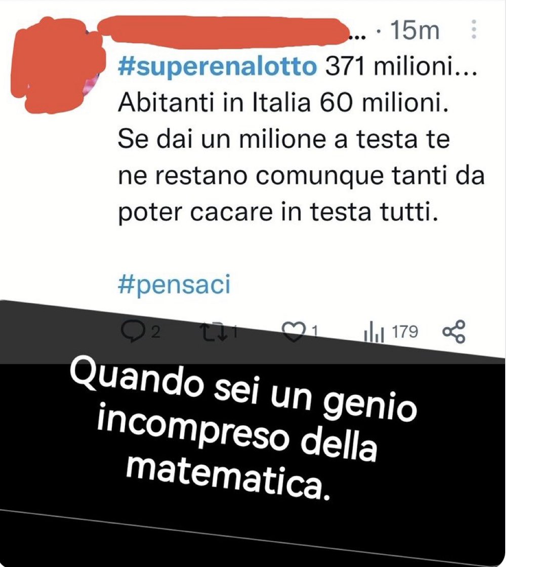 Apndp's tweet photo. Non vi offenderò spiegandovi perché l’autore del tw è davvero un genio della matematica. Sono certo ci arriverete da soli. #superenalotto https://t.co/HpjgILrJxg