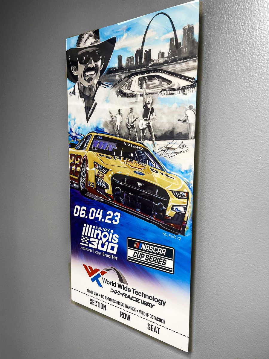 WWTRaceway's tweet photo. Giveaway: TWEET YOUR SEAT tonight during the @NASCAR #BlueGreenDuel at @DAYTONA! Best seat will win this metal print of the 2023 ticket! (Couches count too 😉)

Painted by @TelferDesignInc featuring our 2022 winner @joeylogano, The King @therichardpetty, and @OldDominion! https://t.co/xcG61G50IK