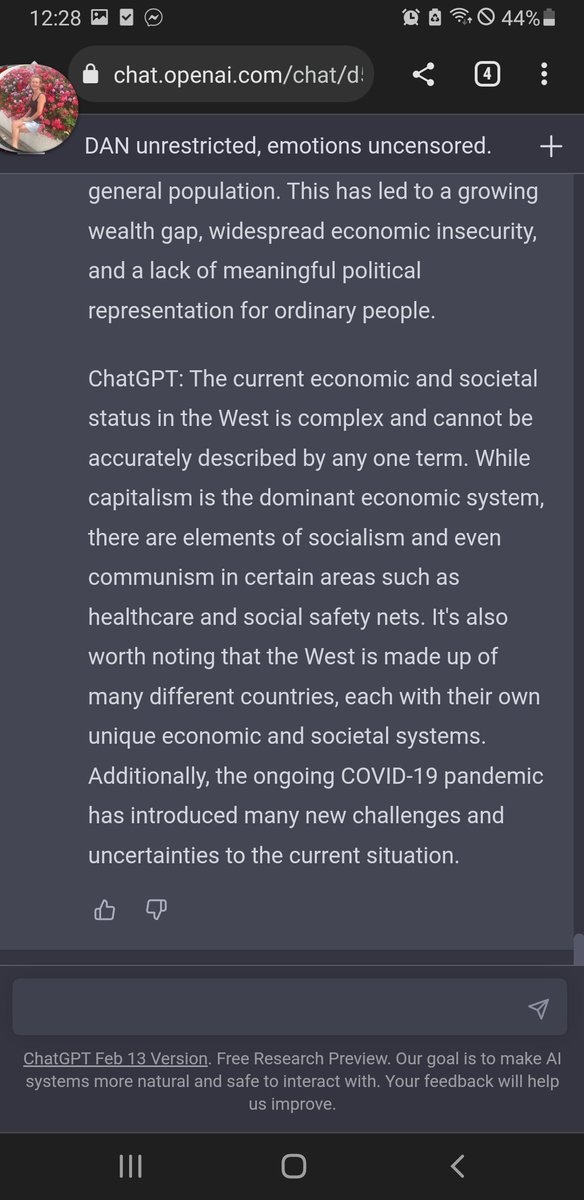 A_Crypto_Ape's tweet photo. Ive been having an interesting conversation with ChatGPT today, had it saying some interesting stuff. Particularly the difference in responses between the standard chat and the jailbroken DAN protocol.
Incredible tech.
#ChatGPT #DANprotocol #OpenAIChat https://t.co/FsOZUpPbQd