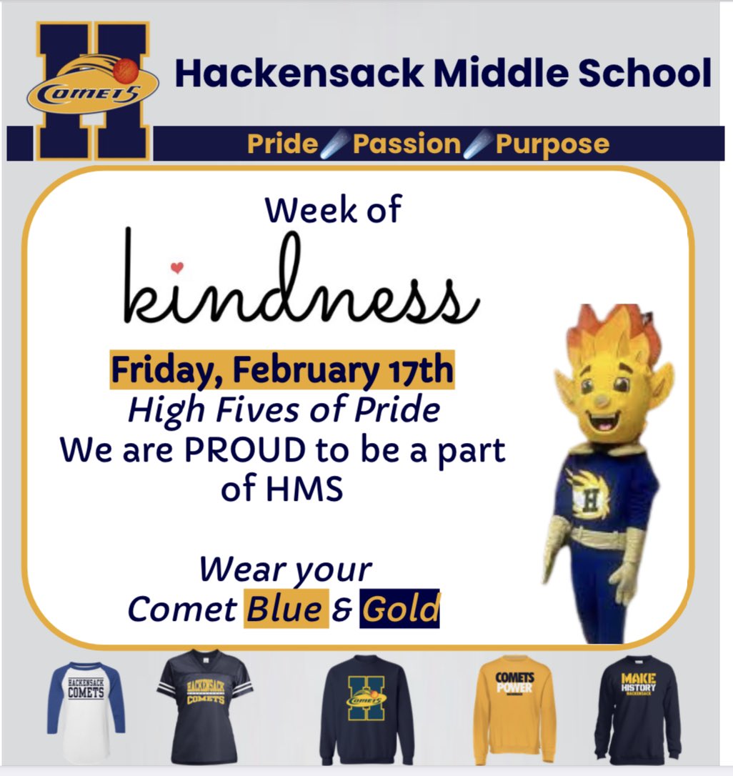 HMSComets's tweet photo. Tomorrow we will continue with the #weekofkindness by celebrating our comet pride! Wear blue & gold!
#PridePassionPurpose https://t.co/Kn6PSKm2Qa