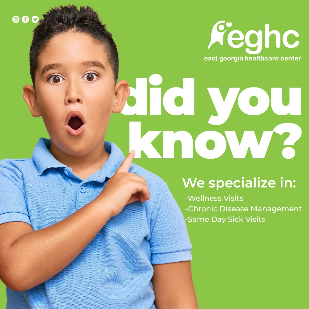 #EGHC specializes in wellness visits, chronic disease management, and same day sick visits from newborn to teens. Other services that we provide include sports physicals, immunizations, behavioral healthcare, and family planning. 

#EastGeorgiaHealthCare #EGHC #PediatricMedicine