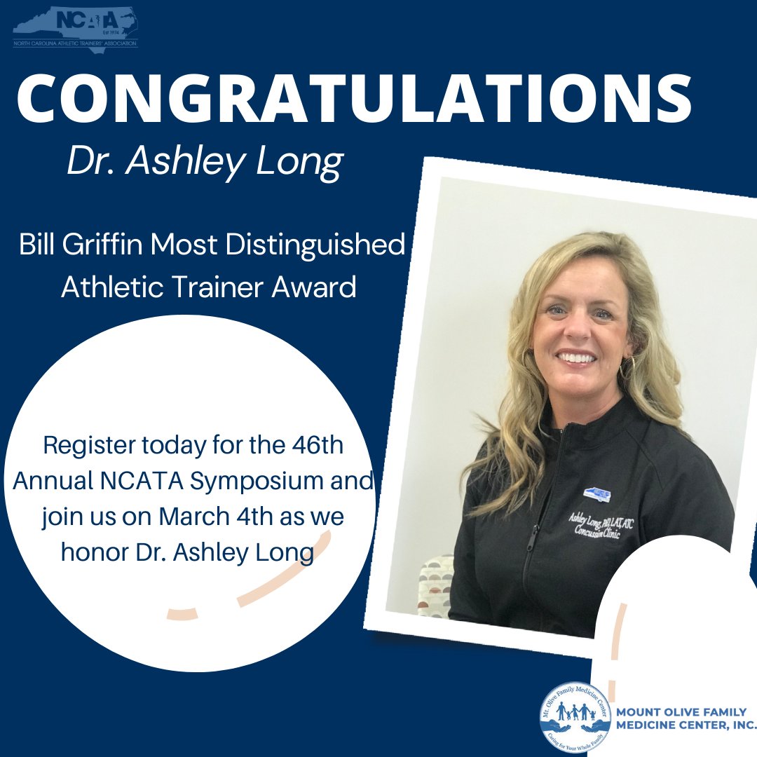 NCATA_awards's tweet photo. Congratulations to Dr. Ashley Long for the Bill Griffin MDAT Award. Register today for the 46th Annual NCATA Symposium and join us as we honor Dr. Ashley Long on March 4th. https://t.co/7eSgSNLhVv @ncata1974 #mdat #honorsandawards #ncata https://t.co/MBBlfBYBUi