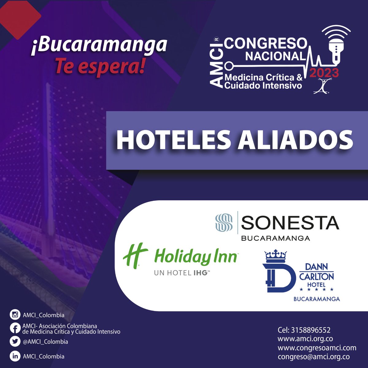 AMCI (@amci_colombia) on Twitter photo Conoce nuestros Hoteles aliados al Congreso Nacional AMCI 2023. #Bucaramanga te espera. Prográmate e inscríbete en amci.ciudadtecnopolis.com
Sonesta Hotel Bucaramanga
Holiday Inn Bucaramanga
<a href="/danncarltonbuc/">Dann Carlton B/manga</a>
#CongresoAMCI #CuidadoCrítico #Colombia #CuidadoIntensivo #Congreso Conoce nuestros Hoteles aliados al Congreso Nacional AMCI 2023. #Bucaramanga te espera. Prográmate e inscríbete en amci.ciudadtecnopolis.com
Sonesta Hotel Bucaramanga
Holiday Inn Bucaramanga
<a href="/danncarltonbuc/">Dann Carlton B/manga</a>
#CongresoAMCI #CuidadoCrítico #Colombia #CuidadoIntensivo #Congreso
