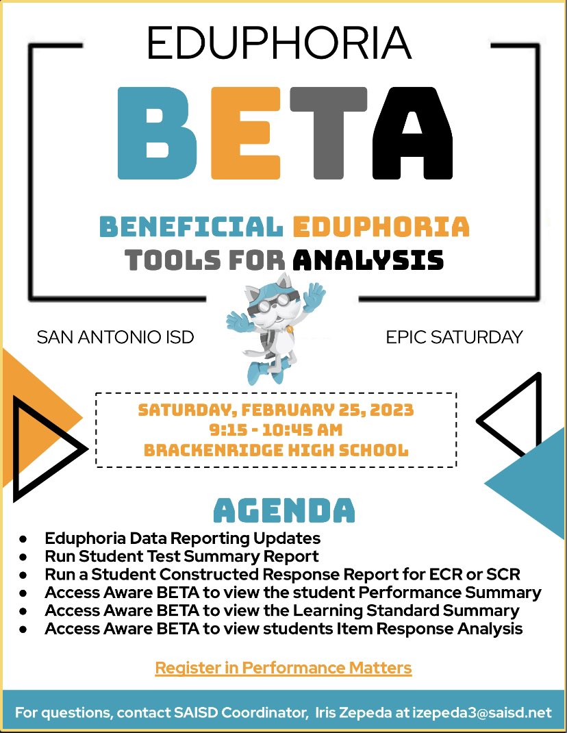 EPIC Saturday is approaching! Teachers, come join me for an interactive, in-person session where we run various reports in <a href="/eduphoria/">Eduphoria! Inc.</a> and access student data from your most recent assessments. <a href="/SAISD_CI/">SAISD Curriculum, Instruction, & Assessment</a> <a href="/SAISDorg_lrn/">OrgLearning, SAISD</a> #assessment #staarredesign docs.google.com/presentation/d…