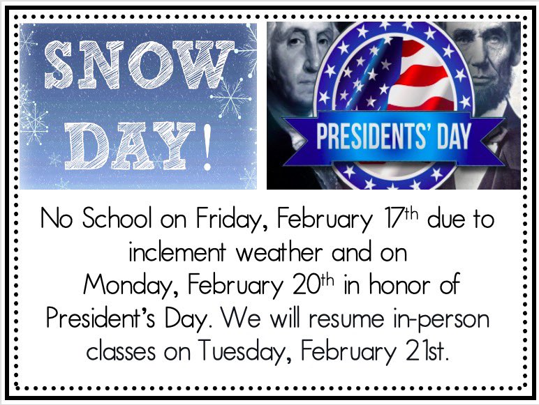 Due to poor road conditions and issues clearing the streets, we will be having a good old fashion SNOW DAY on Friday, February 17th! Students DO NOT need to log into remote classes and should enjoy the day off.
Stay safe and have fun Wildcats! See you Tuesday, February 21st! ❄️🐾