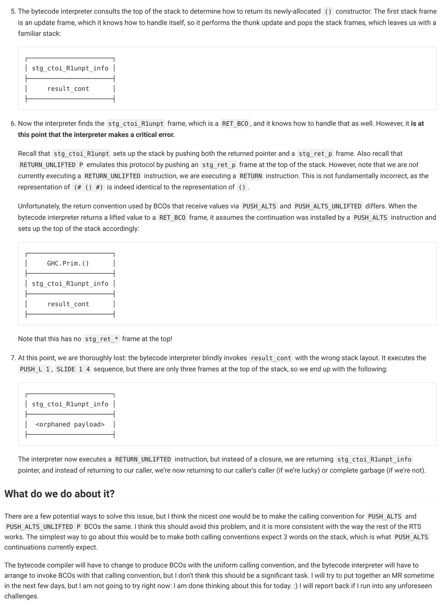 This completely arcane GHC RTS bytecode interpreter segfault is easily the most fun bug hunt I have gone on in quite some time gitlab.haskell.org/ghc/ghc/-/issu…
