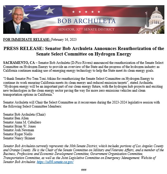 As a #HydrogenEconomy, #HydrogenNow advocate, & @HydrogenCa supporter in #CALeg, I'm  sharing good news! We'll work on how #HydrogenFuelCell, #ZeroEmmissions, #ZEVs helps #CA #ReduceEmissions, meet #ClimateGoals, & realize our #HydrogenHub ambitions #H2Now senate.ca.gov/hydrogen-energy