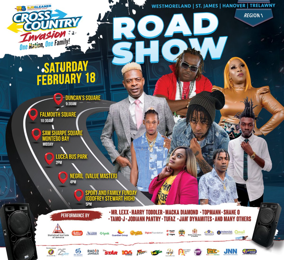 FAME95FM1's tweet photo. The excitement continues with our famous Road Show which kicks off at 9:30am in Duncan’s Square on Saturday, Feb 18! 🥳

See performances by Mr. Lexx, Harry Toddler, Macka Diamond, Shane O and much more! Plus enjoy prizes &amp; surprises. 🎉

#RJRGLEANERCrossCountry23 https://t.co/npofGuNsAU