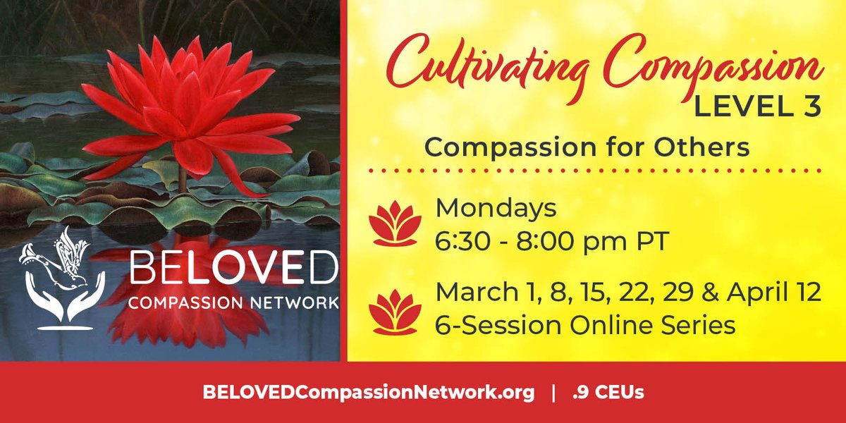 belovedway_'s tweet image. Complete your exploration of the #CompassionPractice with our Level 3 online #course, starting March 1st! Over six gatherings, we'll expand our capacity to cultivate compassion for others and put our compassion into meaningful action. Register here: eventbrite.com/e/528686003067