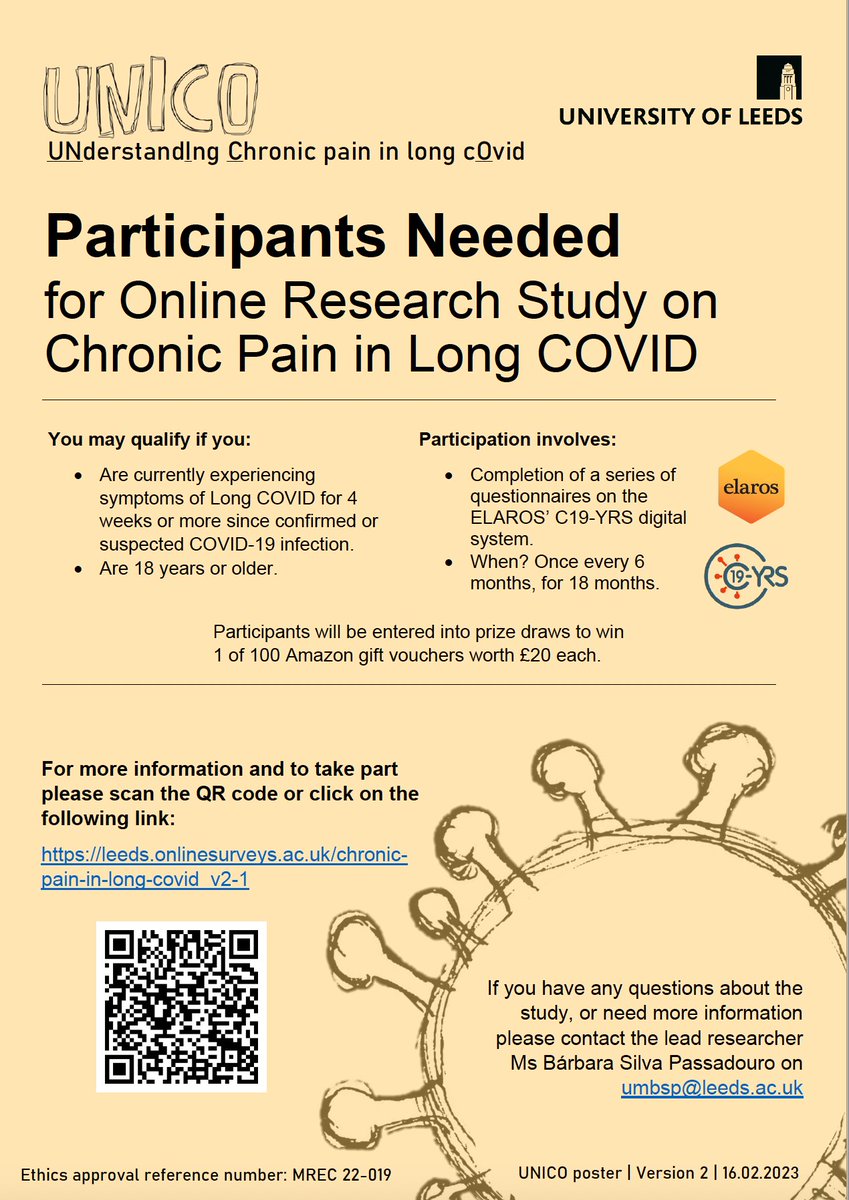 UNICO study (Understanding Chronic Pain in Long Covid) Individuals with Long Covid (with or without pain) can participate in the online study component. Followed later by in-depth lab brain EEG component in a smaller group. @LeedsMedHealth @long_covid @LongCOVIDPhysio #LongCovid
