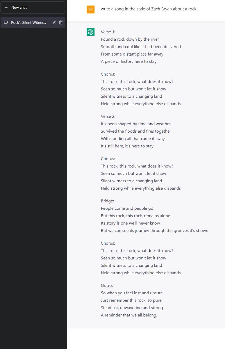mrdylanrogers's tweet photo. I asked @openai's ChaptGPT to write a song about a rock in the style of #ZachBryan and frankly it slaps https://t.co/lJdsNV6TmW
