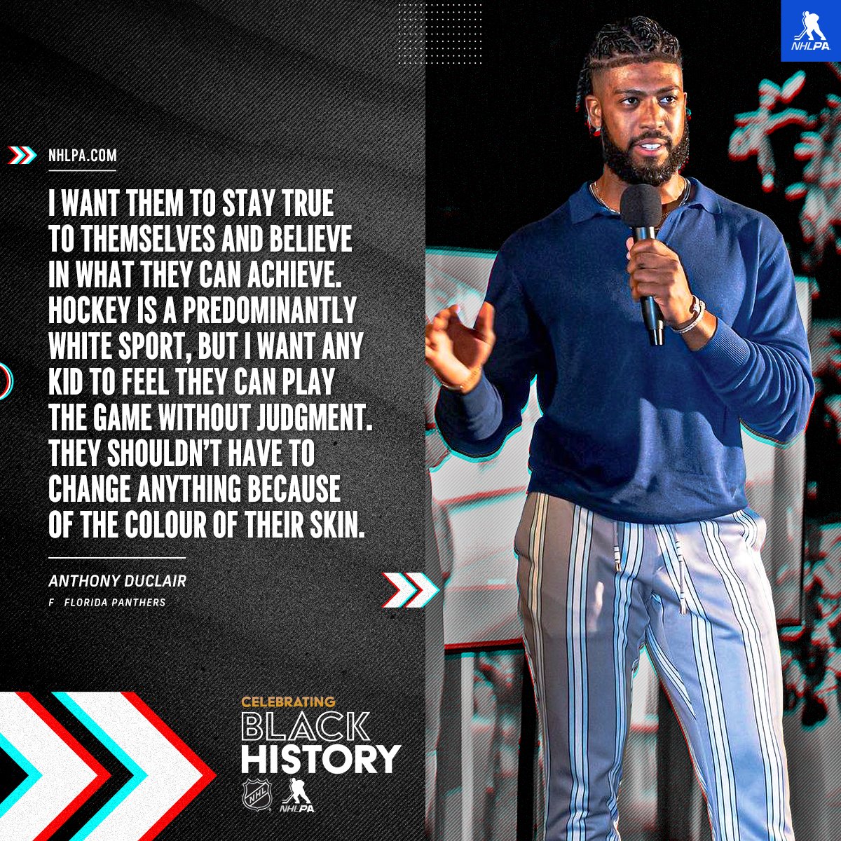 NHLPA's tweet photo. .@aduclair10 launches foundation, raises upwards of $200,000 to assist Black and minority youth in hockey. 
 
More on the foundation from the @FlaPanthers forward: https://t.co/n3m33BVJZb

#NHLBlackHistory | #HockeyIsForEveryone https://t.co/234aaRsGLf