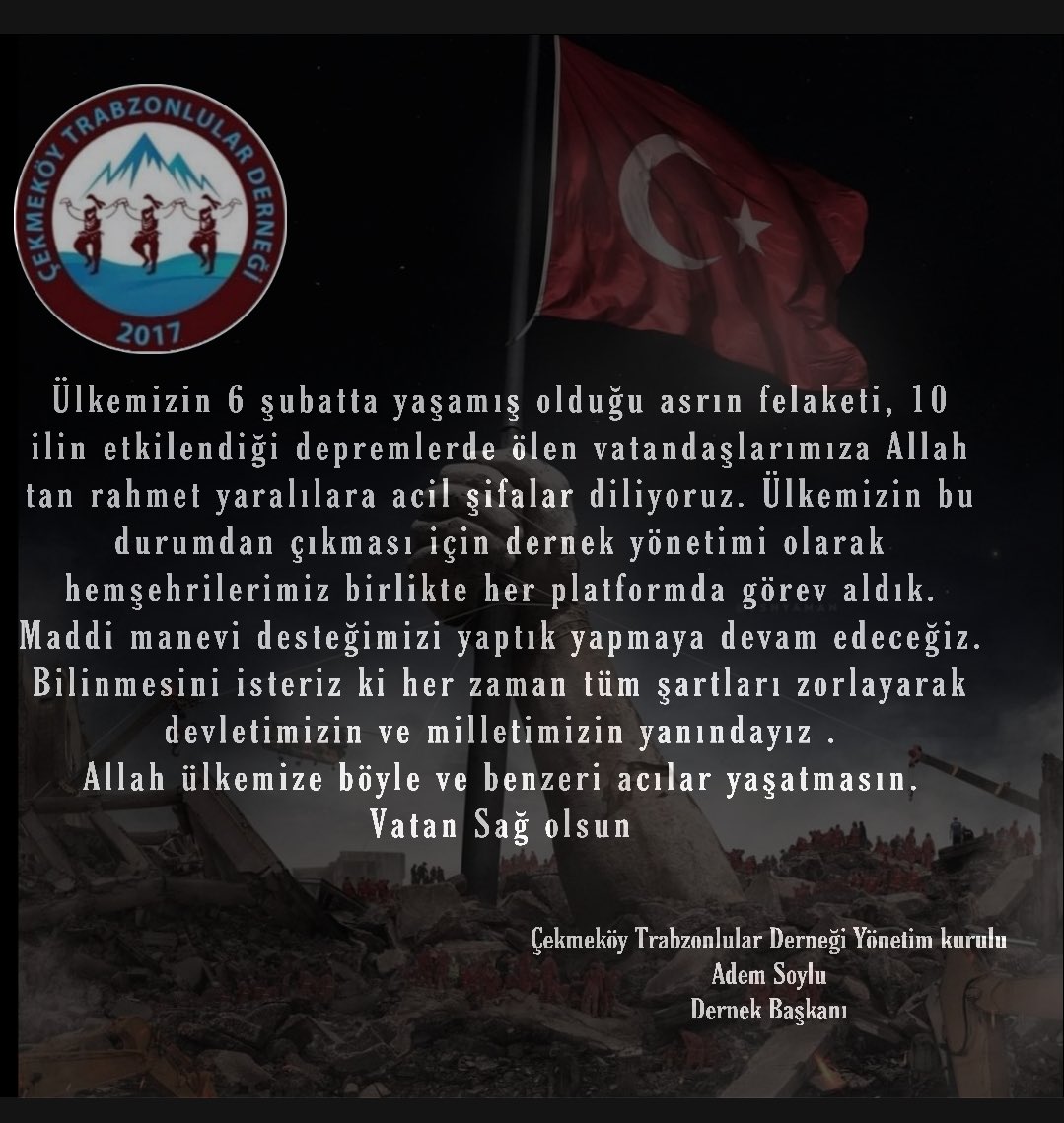 ctd_61's tweet photo. Depremde hayatını kaybedenlere Allah’tan rahmet,yaralılara acil şifalar diliyoruz.
#TürkiyeTekYürek 🇹🇷🇹🇷🇹🇷 https://t.co/QyIpYhmJsX