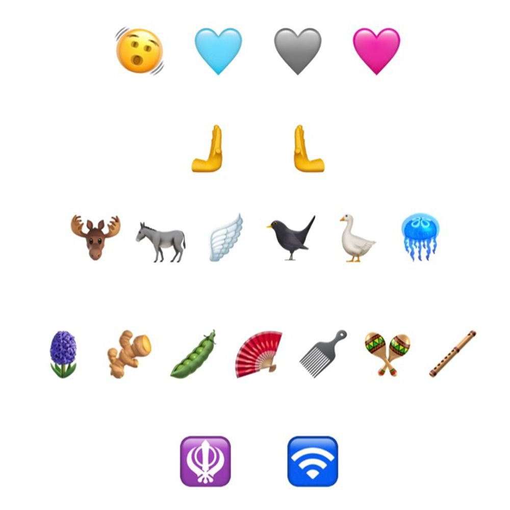 (New emojis released in today's Apple iOS 16.4 beta, including a plain Pink Heart emoji.)