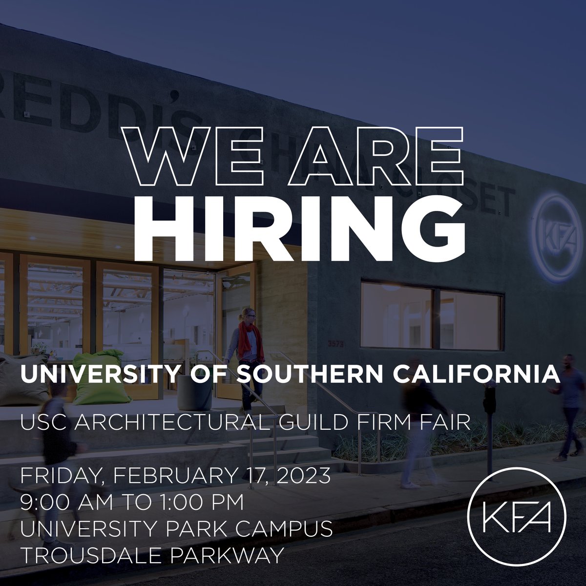 Hey, Trojans! We are hiring! We will be on campus at the USC Architectural Guild Firm Fair on Friday, February 17! Stop by our booth and chat with us! Fight on!
