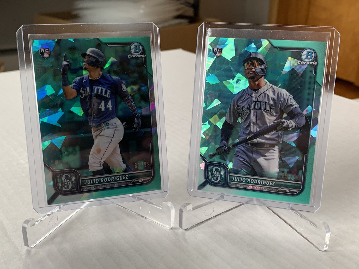 EAllenCards's tweet photo. Opened my 2022 Bowman Chrome Sapphire and had the box of my life. Both /99 with the photo variation on the right. Will most likely sell but mulling my options https://t.co/Gr9IeBxAxN