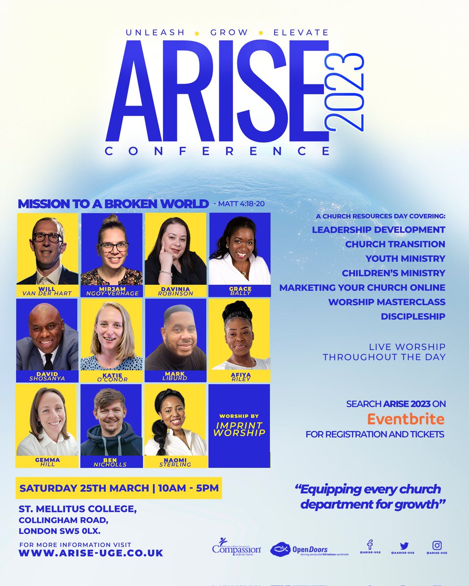 TheDebGathering's tweet photo. Join the Arise Conference on Sat 25th March @stmellitus. It's a 1-day event with @willvanderhart, @mirjamngoy, @naomialexas, @StreetPastors. The event focuses on doing mission in a fast-changing world and will help you think about wholenes and wellbeing
Sponsored by @compassionuk https://t.co/BB9TIVZja6