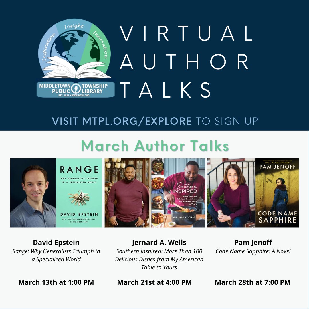 MiddletownPL's tweet image. Sign up for a Virtual Author Talk with one of these bestselling authors in March! 

Visit libraryc.org/mtpl to sign up for an upcoming Author Talk or view recordings of previous events!

#authortalk #virtuallibraryprogram