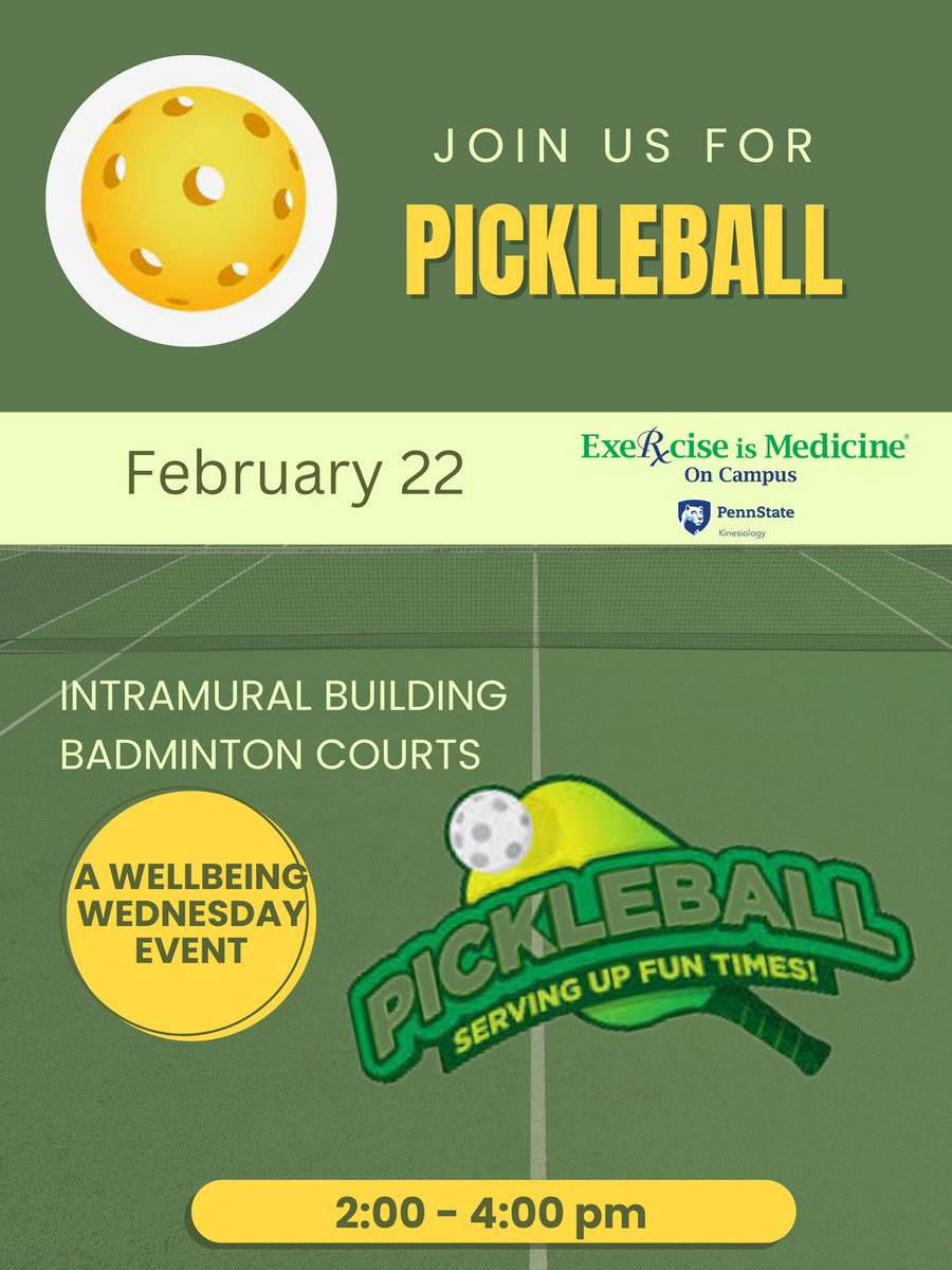 Join us for Pickleball in the IM Building on February 22, 2-4 pm! The Badminton courts will be converted to celebrate Wellbeing Wednesday! Exercise is Medicine! #eim #psueim #pickleball #psupickleball #wellbeingwednesday @psuwellbeingwednesday #eimoc