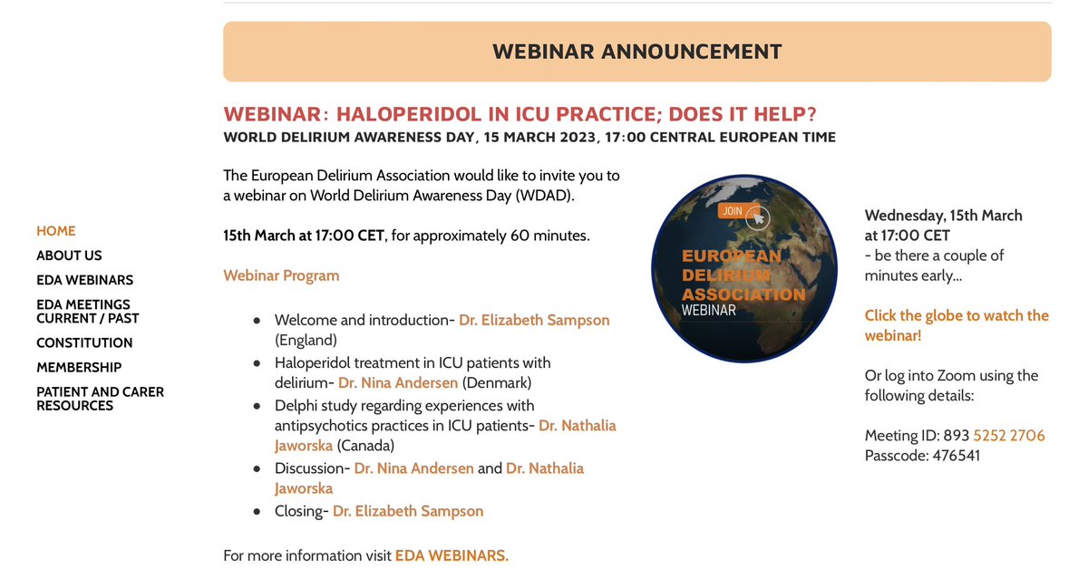 The European Delirium Association (EDA) is organizing a very interesting and clinically very relevant webinar March 15th, see also: lnkd.in/gRkaJGT3 In the meantime you also can register for the EDA membership!