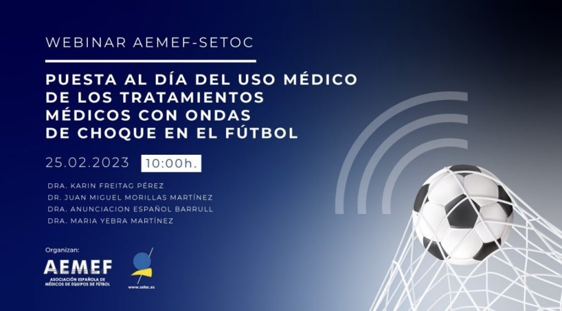 🔜 Acтιvιdad ЅEТOC - AEМEҒ:

⚽️ PUESTA AL DÍA DEL USO MÉDICO DE LOS TRATAMIENTOS MÉDICOS CON ONDAS DE CHOQUE EN EL FUTBOL

🗓️ 25 Febrero 2023
⏰ 10.00h🇪🇸
 
👩‍💻Toda la información: 
aemef.org/webinar-sobre-…