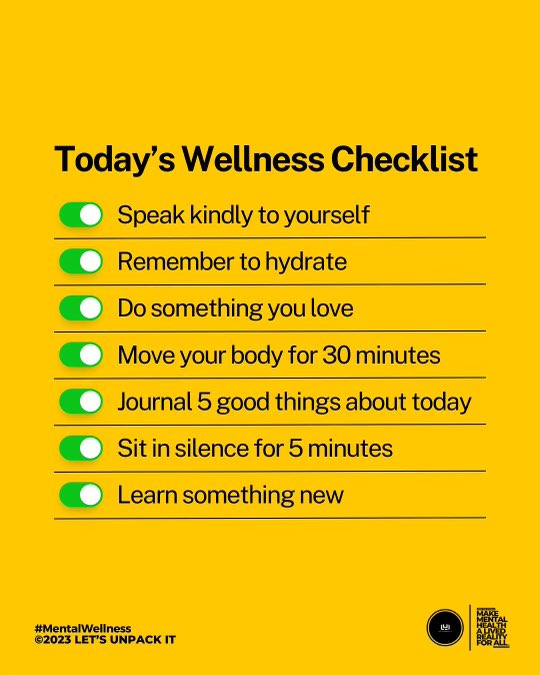 Today is a great day for self-care, self-love, and prioritizing your mental wellness.

What’s on your wellness checklist? Comment below. 

#mentalwellnessmatters #mentalwellnessjourney #mentalhealthadvocates #selfcaretip #selfcaretime