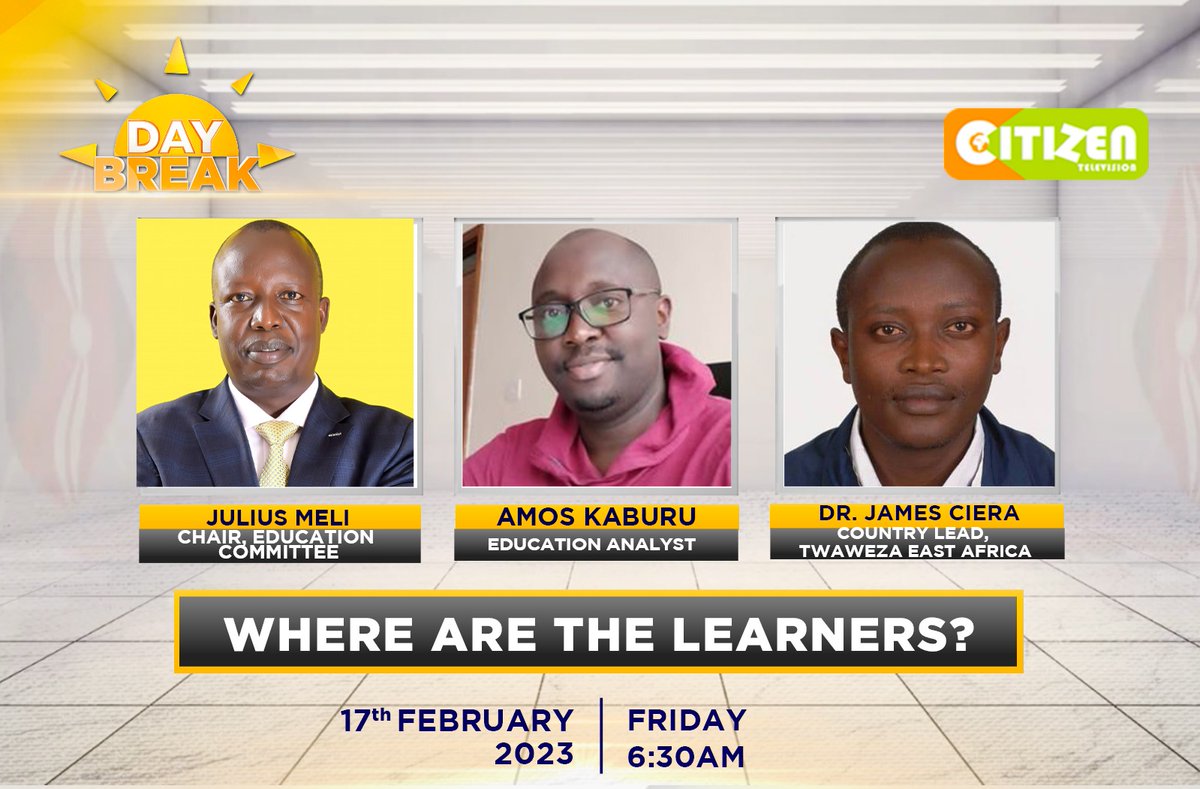 Where are the learners? What are we teaching them?

To engage on this, our Country Lead, Dr. <a href="/JamesCiera2/">James Ciera</a> will tomorrow morning join a panel of experts.

Tune in to <a href="/citizentvkenya/">Citizen TV Kenya</a>'s #DayBreak show hosted by <a href="/AyubAbdikadir/">Ayub Sh Abdikadir</a> and be part of this timely conversation.

#ElimuYetu.