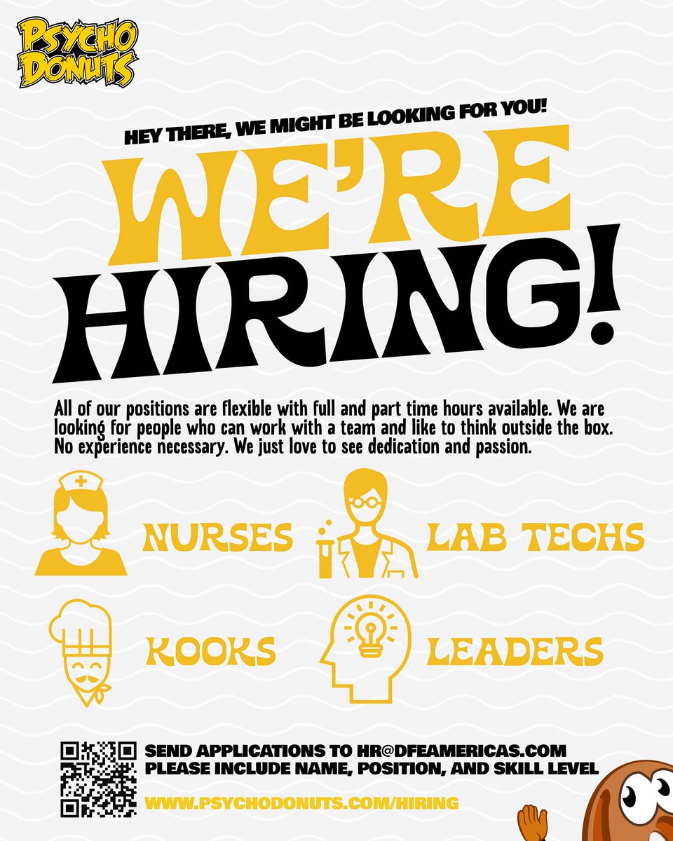 We're hiring &amp; looking for passionate individuals to serve our seriously delicious donuts. Love donuts &amp; delivering great customer service? Visit our site to apply now! 🍩💼 #PsychoDonutsHiring #JoinOurCrazyCrew