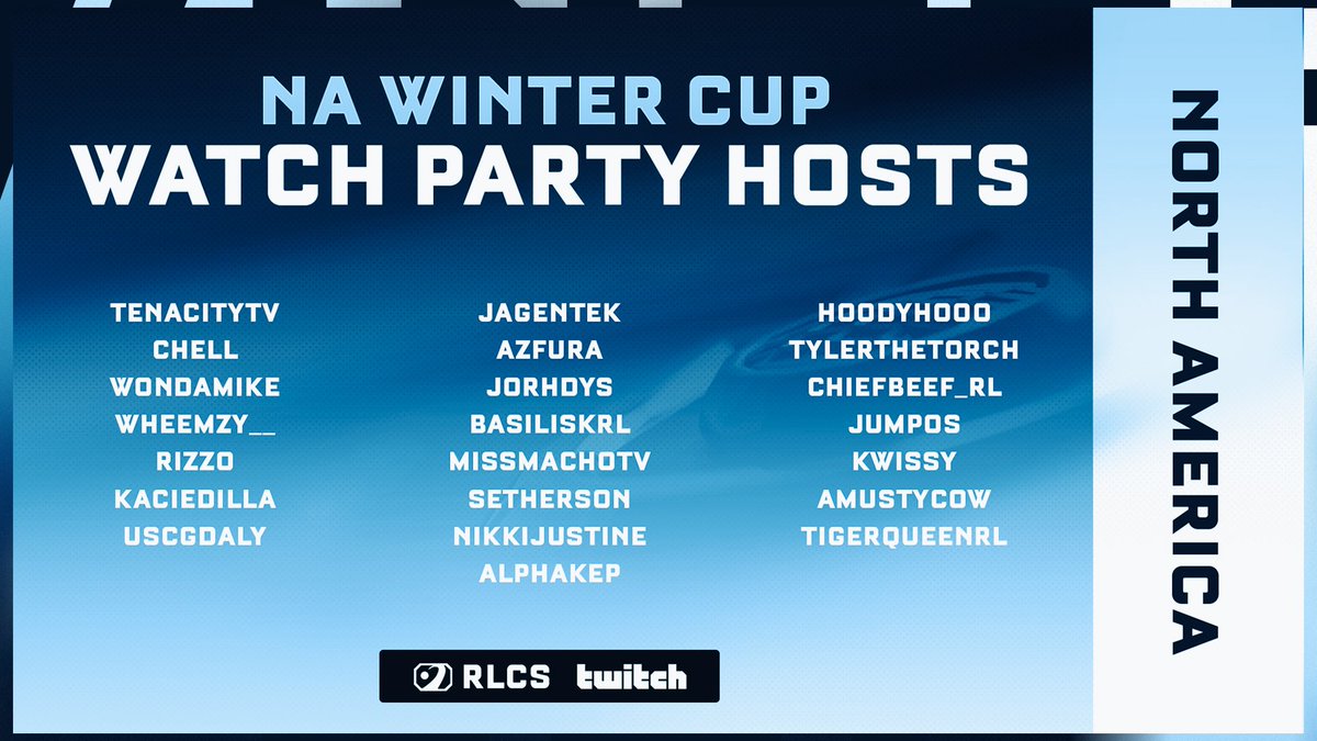 Introducing your watch party streamers for this weekend’s @RLEsports NA Winter Cup (Feb 17th-19th) 🔥 Be sure to check out these streams throughout the weekend on @Twitch!