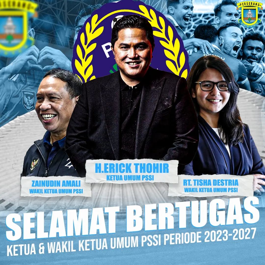 Selamat atas terpilihnya Bapak <a href="/erickthohir/">Erick Thohir</a> sebagai ketua umum PSSI, dan Bu Ratu Tisha &amp; Bapak Zainudin Amali sebagai Waketum PSSI periode 2023-2027.

Semoga sepakbola Indonesia menjadi lebih baik &amp; berprestasi.

#Perserang #LaskarSingandaru