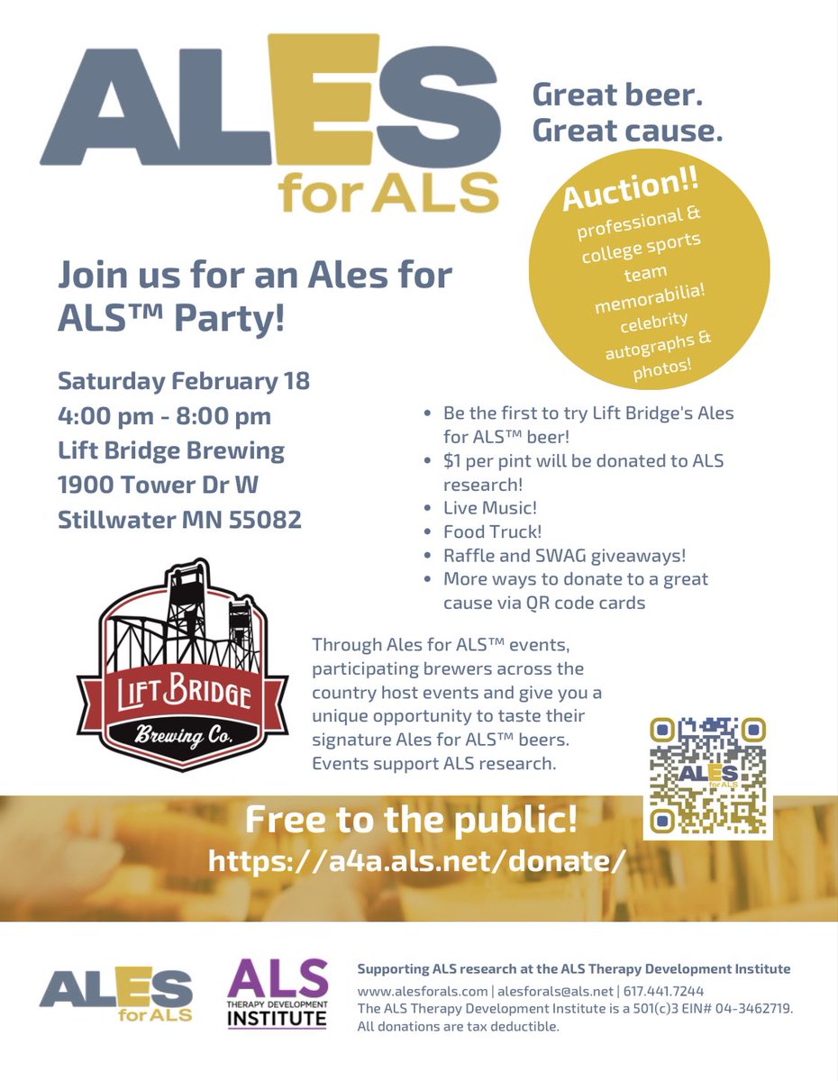 Saturday, February 18th we are releasing a Hazy IPA with @AlesforALS. 

Drink, buy and help make a difference. $1 per pint will be donated towards ALS research! 

#AlesForALS #Fundraiser #craftbeer