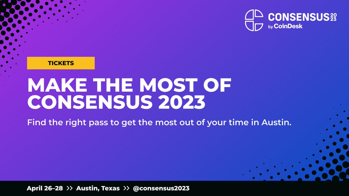 CoinDesk's tweet photo. Make the most of your #Consensus2023 with the pass that best suits you.

Each pass offers access to content, networking and experiences you won't want to miss. 

Find the right pass for you:  https://t.co/pTw3Vv5yMj https://t.co/eDpLbLQMj9