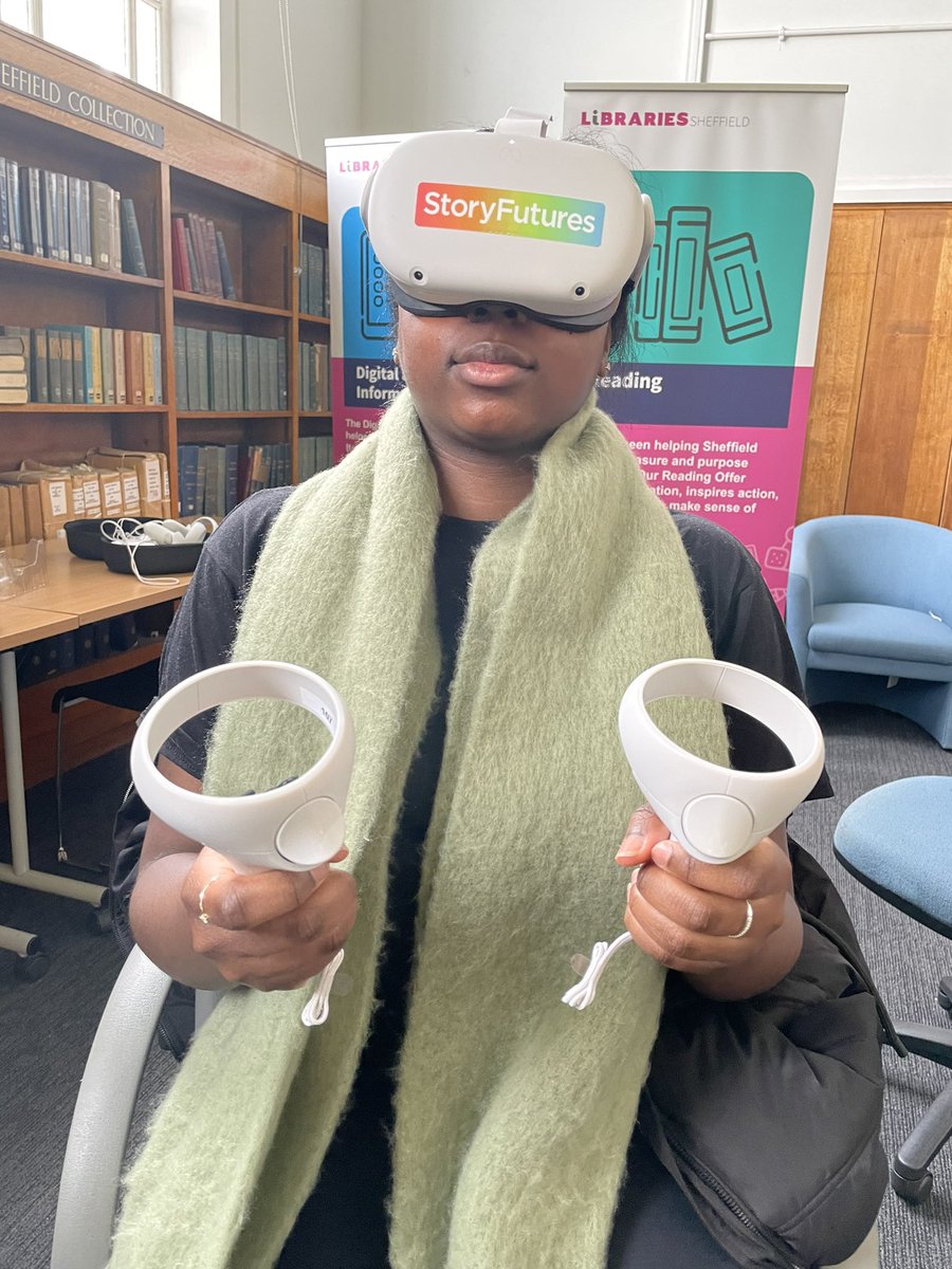 MarieTouray1's tweet photo. Virtual Reality event by @StoryFutures was held at Sheffield Central Library today.

The people of Sheffield were given the opportunity to use VR headsets and enter different worlds that explore culture, music, identity and more. #VirtualReality  #jnl120 https://t.co/9yfhNFKV0E