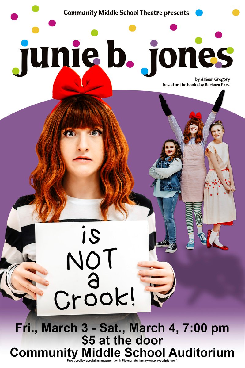 BedCoSchools's tweet photo. Mark your calendar for March 3 & 4 to catch #CommunityMiddleSchool's production of Junie B. Jones, based on the popular book series by Barbara Park! #ActingLife #BedfordCountySchools https://t.co/hW4f13hUje