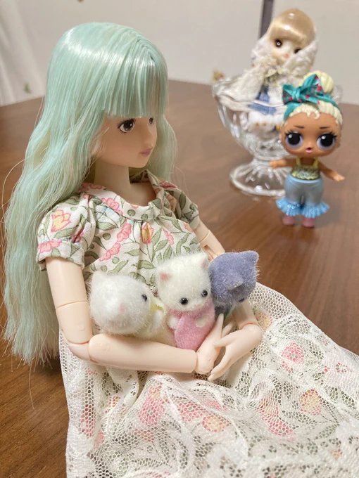 夜のお人形。お洋服出来た〜!写真は昨日と何一つ変わってないが裾にレース、背中にスナップつけた〜よ。お世話になった御本の上にねんねするシオン様でした。 