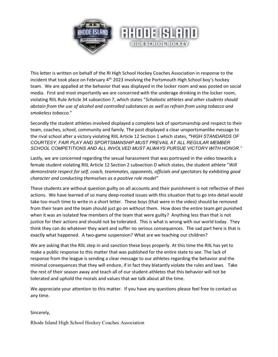 Attached is a statement from the RIHSH Coaches association regarding the allegations surrounding the Portsmouth HS Hockey team