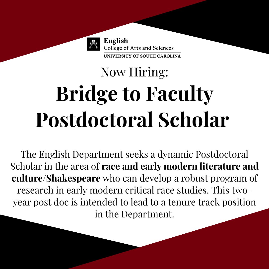 We're hiring! Seeking a postdoc fellow specializing in race and early modern lit/Shakespeare studies with intent toward a tenure track position: uscjobs.sc.edu/postings/139661 
#RaceB4Race #ShakeRace
