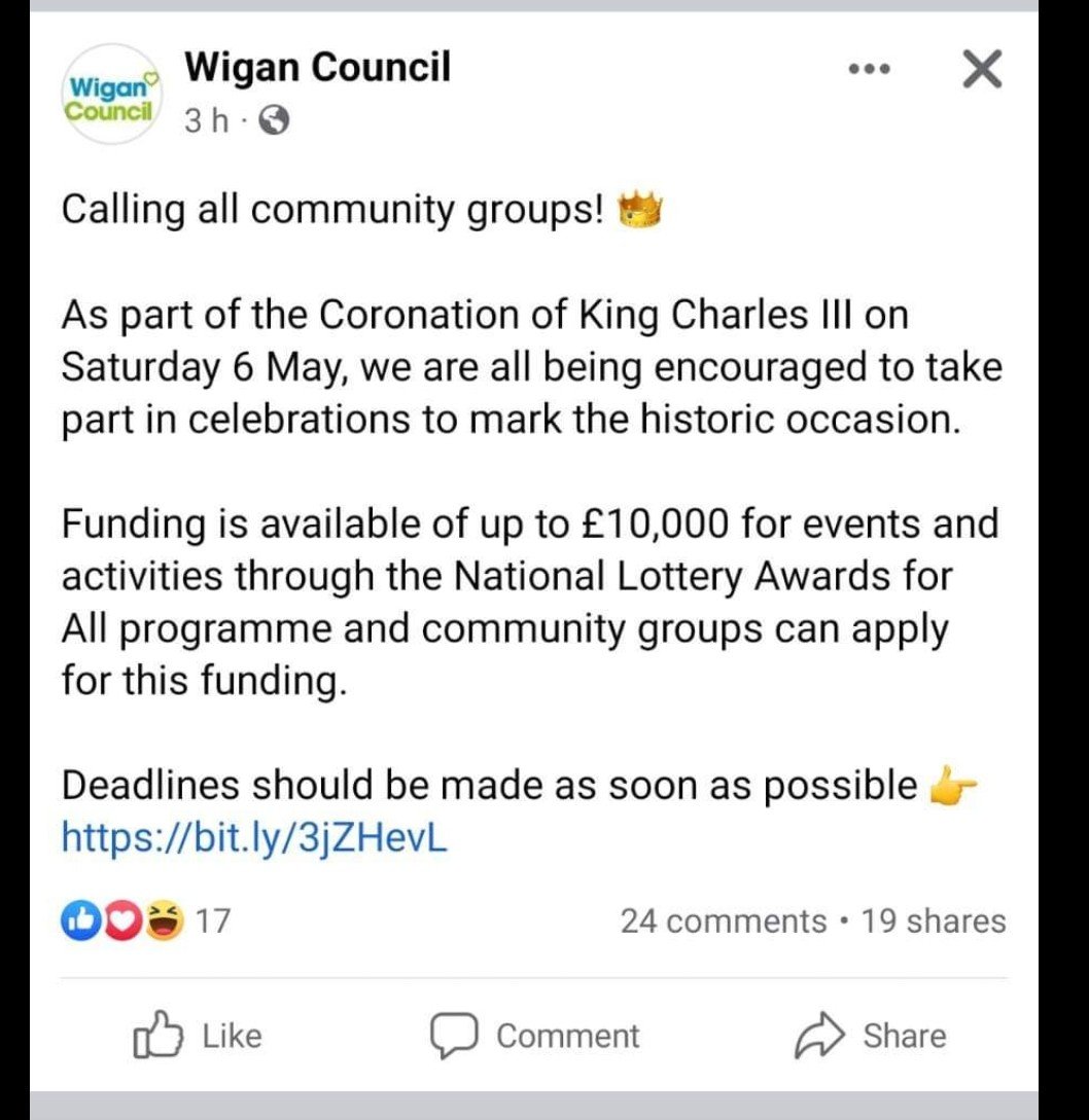 nicval62's tweet photo. @AndyBurnhamGM I heard you on @BBCRadioManc this morning saying you were going to look into Coronation celebrations, looks like @WiganCouncil have made a start 🙂 https://t.co/2zNqyhzkBD
